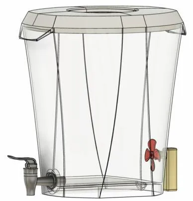 Render of the clear dispenser with the side-mounted mixer.